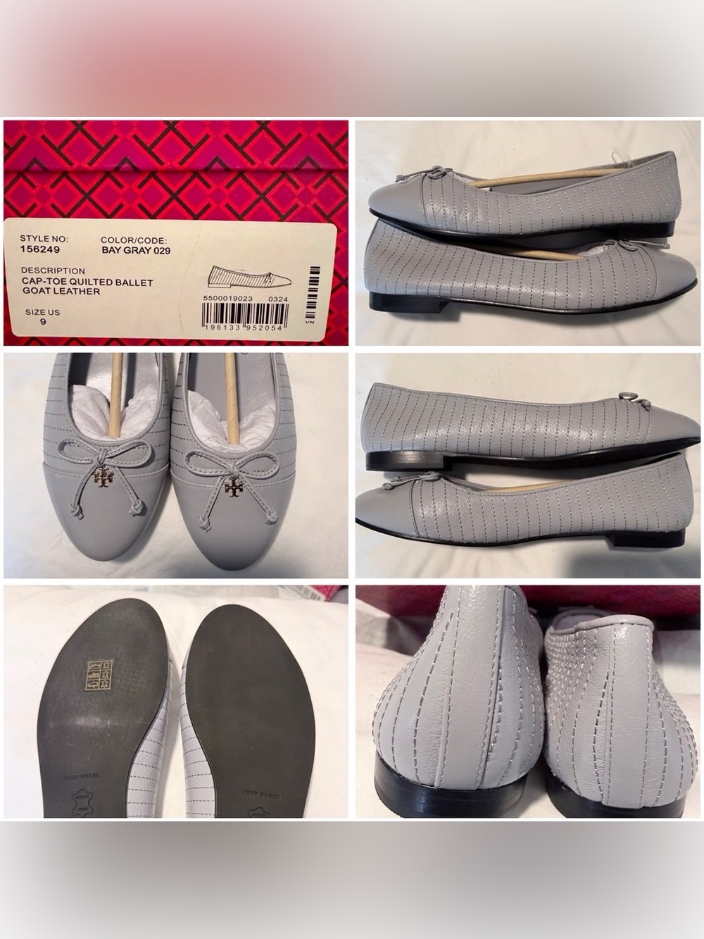 Tory Burch Bay Gray Quilted Bow Ballet Flats
